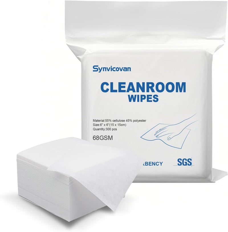 Synvicovan Cleanroom Wipes 6"x6" (300 Pcs, Cellulose/Polyester Blend, Grade A, 68GSM) Lint Free Wipes for Laboratory, Electronics, Pharmaceutical,Printing,Automotives and Semiconductor Industries - Image 1